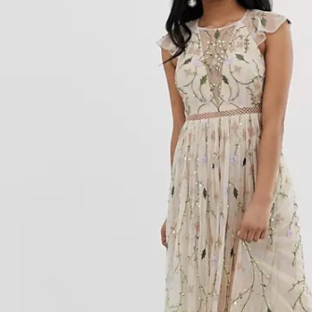 ASOS DESIGN Petite pretty embroidered floral and sequin mesh maxi dress, size 8